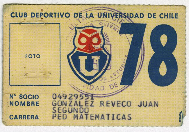 Carnet socio de Club Deportivo Universidad de Chile. Juan González Reveco 1978