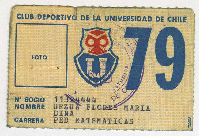 Carnet socio de Club Deportivo Universidad de Chile. María Urzúa Flores 1979