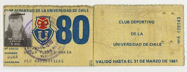 Carnet socio de Club Deportivo Universidad de Chile. María Urzúa Flores 1980