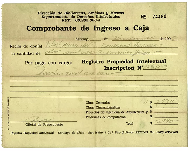 Comprobante de ingreso a caja registro de propiedad intelectual por libro "Poesía en el sendero"