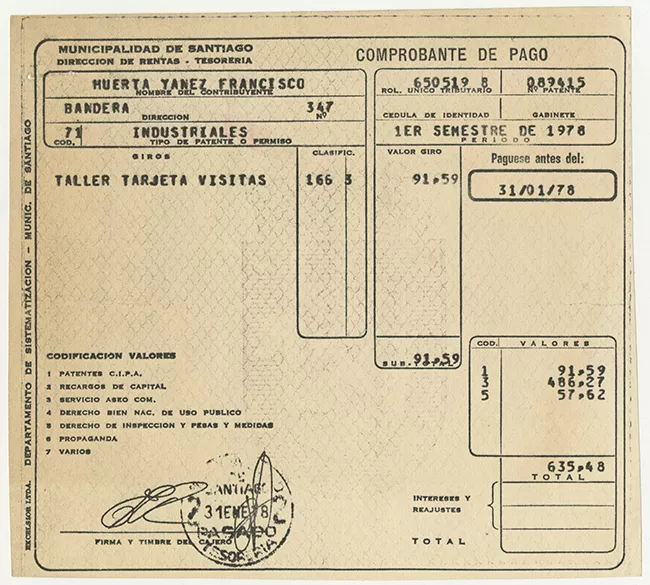 Comprobante de pago de patente en Municipalidad de Santiago de Taller Tarjeta Visitas