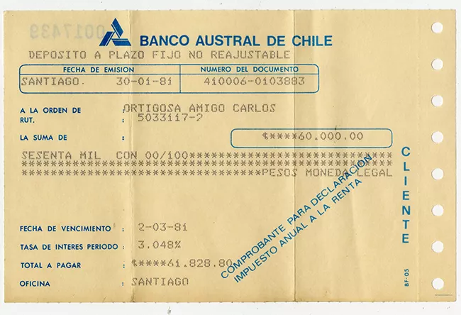 Comprobante de depósito Banco Austral de Chile