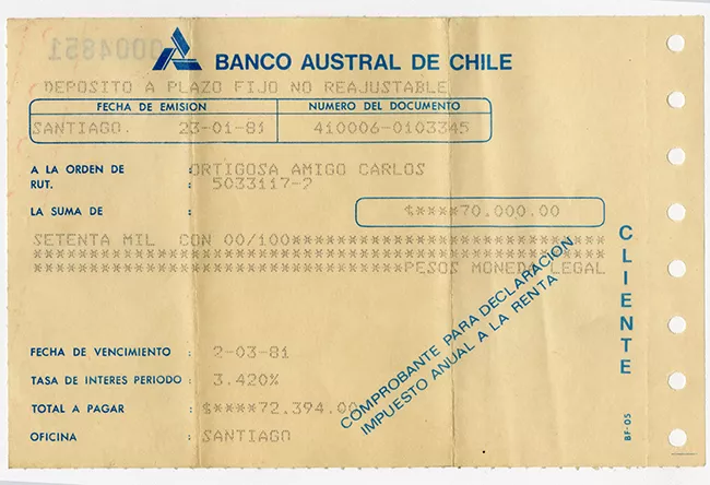 Comprobante de depósito Banco Austral de Chile