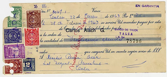 Comprobante de pago n°3047-1 Banco de Talca. Moisés Rivera Díaz.