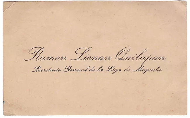 Tarjeta de visita de Ramón Lienan Quilapan. Secretario general de la liga de Mapuche