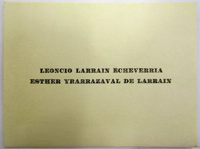 Tarjeta de visita de Leoncio Larraín Echeverria y Esther Yrarrázaval de Larrain
