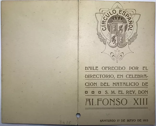 Tarjeta de Baile Círculo Español. Ofrecido en Natalicio de S.M. el Rey Don Alfonso XIII