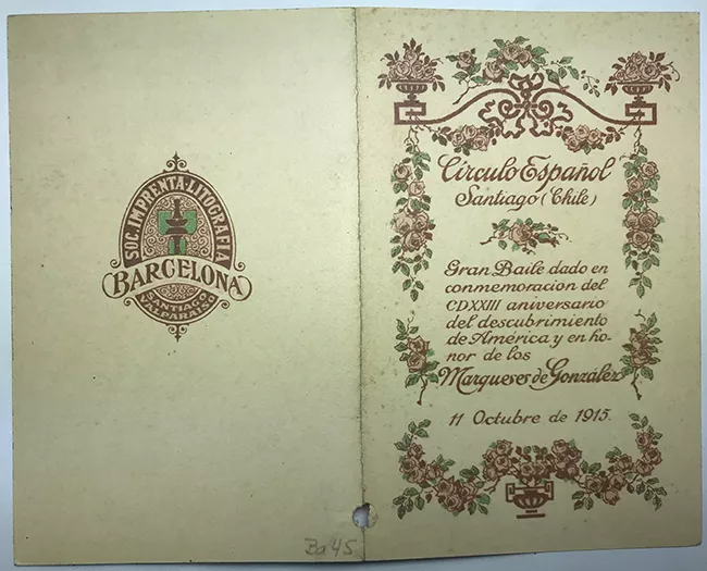 Tarjeta de Baile Circulo español Conmemoración descubrimiento de América y en Honor de los Marqueses González