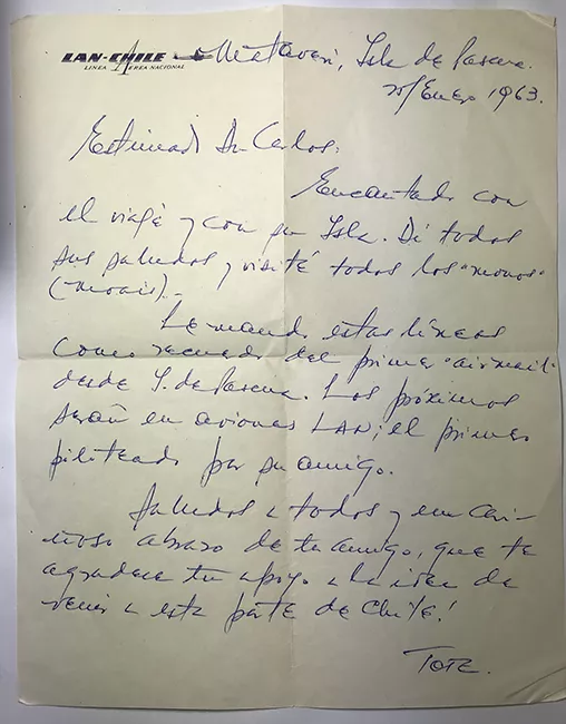Carta de Jorge Jarpa a Carlos Eastman [incluye Sobre]