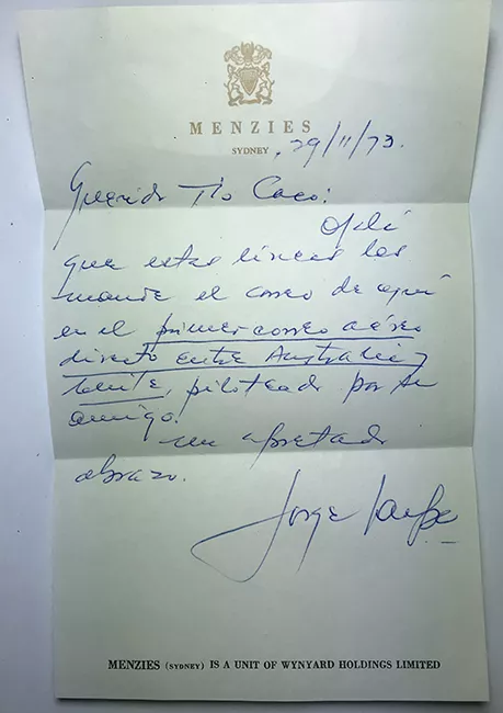Carta de Jorge Jarpa a Carlos Eastman desde Australia [incluye Sobre]