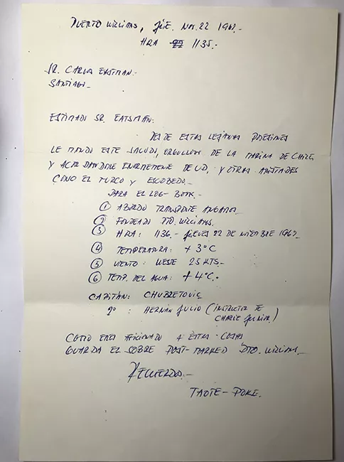 Carta de Jorge Jarpa a Carlos Eastman desde Puerto Williams [incluye sobre]
