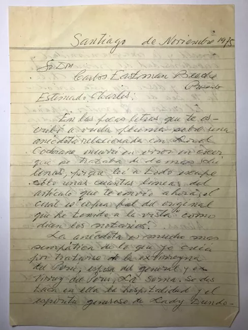 Carta de C. Valenzuela a Carlos Eastman sobre artículo de Lord Cochrane 