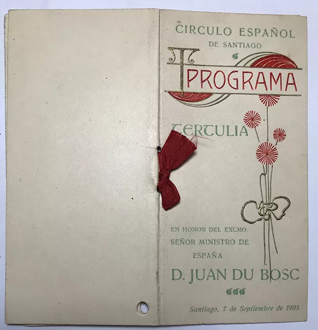 Carné de baile del Círculo Español. Tertulia en honor del Excmo Señor Ministro de España D. Juan Du Nosc