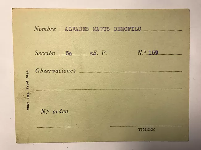 Tarjeta para realizar pedidos, Demofilo Álvares Matus 