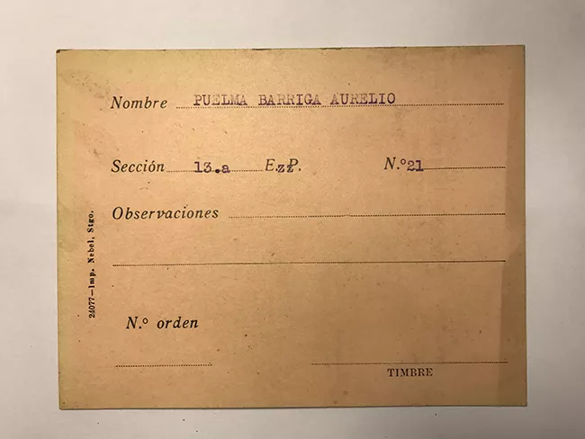 Tarjeta para realizar pedidos, Aurelio Puelma Barriga