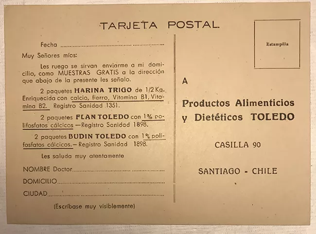 Tarjeta postal con promoción de envio gratuito de Productos Alimenticios y Dietéticos Toledo