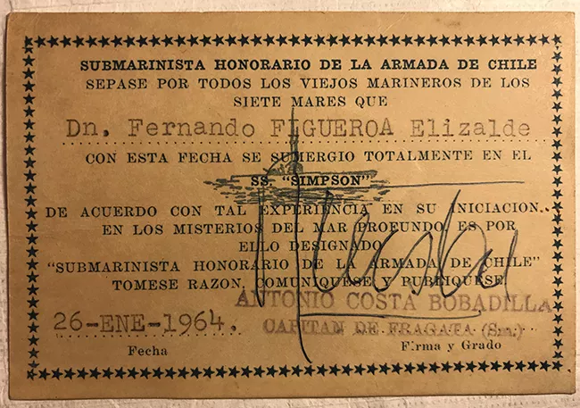 Credencial de Submarinista Honorario de la Armada de Chile de Fernando Figueroa Elizalde