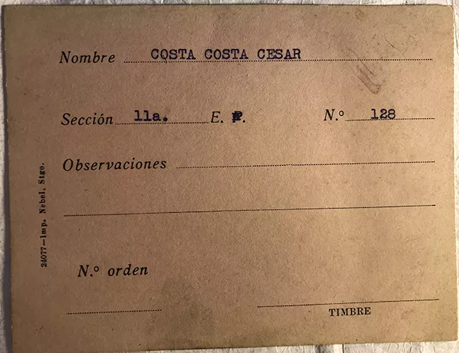 Tarjeta para realizar pedidos, César Costa Costa 