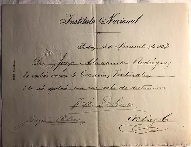 Rendición de examen de Ciencias Naturales de Jorge Alessandri Rodríguez