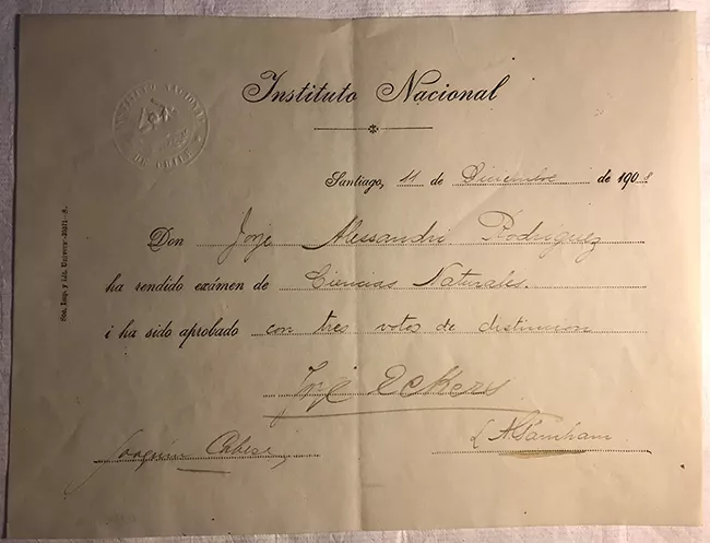 Rendición de examen de Ciencias Naturales de Jorge Alessandri Rodríguez 