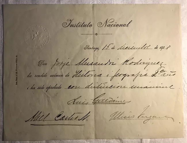 Rendición de examen de Historia y Geografía 2° año de Jorge Alessandri Rodríguez 