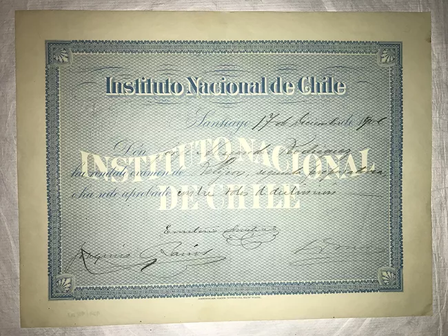 Diploma de Rendición de examen de Religión de Segunda de Preparatoria de Jorge Alessandri Rodríguez