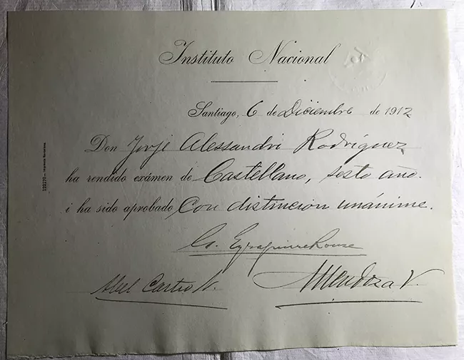 Diploma Rendición de examen de Castellano 6to año de Jorge Alessandri Rodríguez