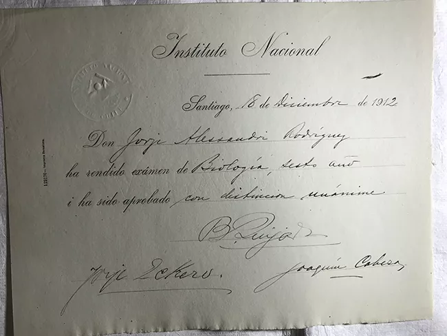 Diploma Rendición de examen de Biología 6to año de Jorge Alessandri Rodríguez