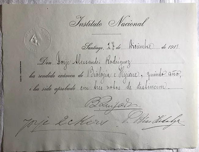 Diploma rendición de examen de Biología e Higiene, 5to año de Jorge Alessandri Rodríguez