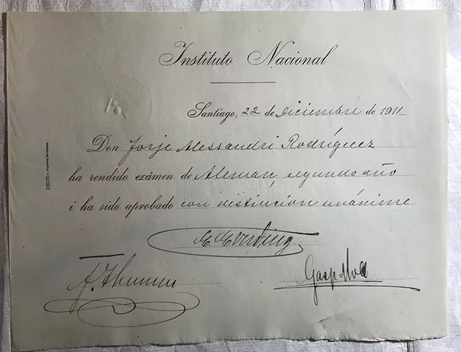 Diploma Rendición de examen de Alemán, 2do año de Jorge Alessandri Rodríguez