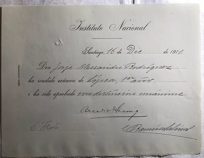 Diploma Rendición de examen de Lógica , 1er año de Jorge Alessandri Rodríguez