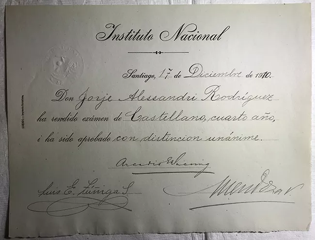 Diploma Rendición de examen de Castellano, 4to año de Jorge Alessandri Rodríguez