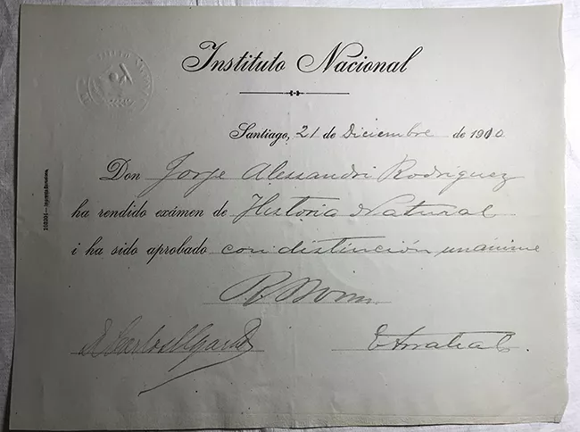 Diploma Rendición de examen de Historia Natural de Jorge Alessandri Rodríguez
