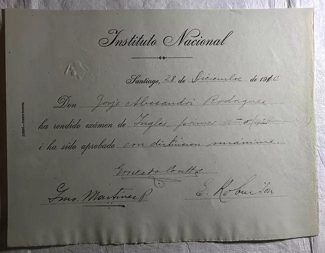 Diploma Rendición de examen de Inglés, 1er año de Jorge Alessandri Rodríguez