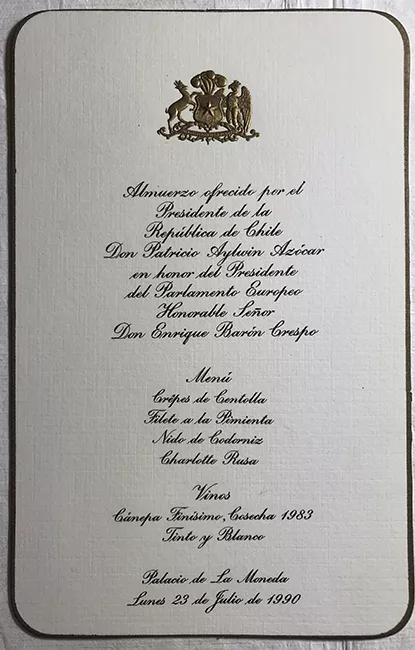 Menú de almuerzo ofrecido por Patricio Aylwin Azócar, Presidente de la República,  en honor al Presidente del Parlamento Europeo Enrique Barón Crespo