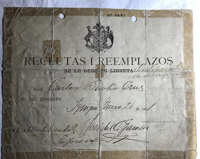 Certificado reclutas y reemplazos de Carlos Benito Crus