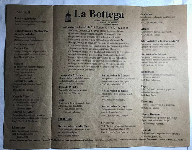 Informativo sobre cursos y talleres en el centro cultural  La Bottega