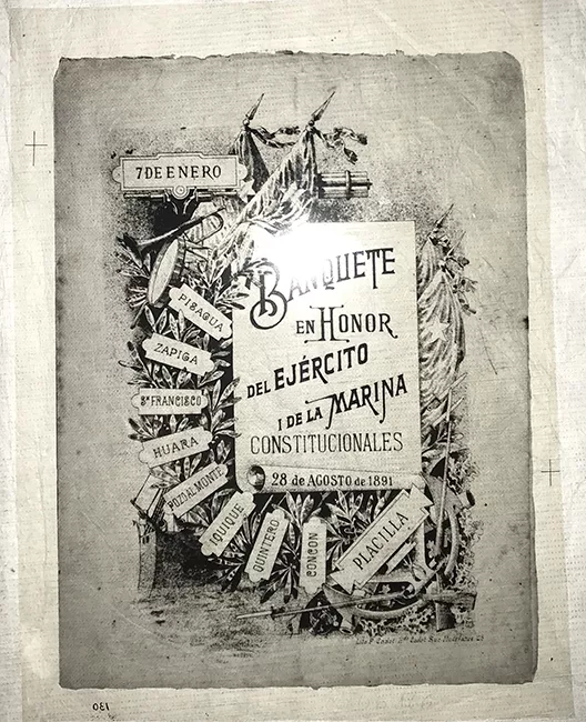 Copia en mica de proyección de portada del menú banquete en honor del Ejército y de la Marina Constitucionales. 