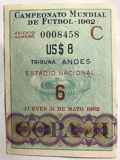  Boleto de ingreso al campeonato mundial de futbol de Chile 1962. 6, jueves 31 de mayo. 