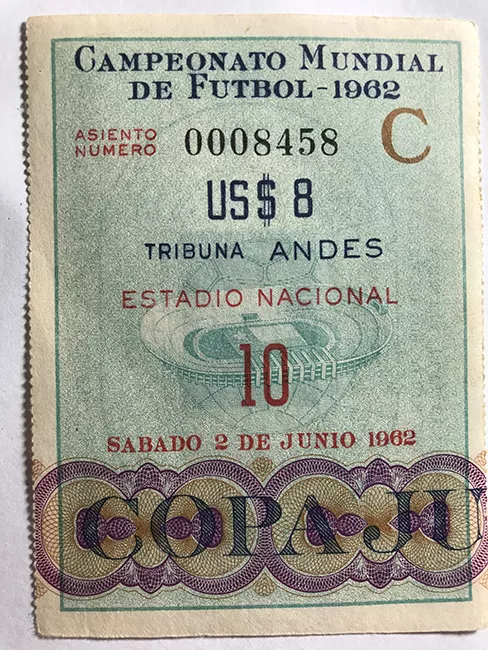  Boleto de ingreso al campeonato mundial de futbol de Chile 1962. 10, sábado 2 de junio. 