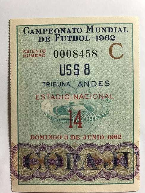  Boleto de ingreso al campeonato mundial de futbol de Chile 1962. 14, domingo 3 de junio. 