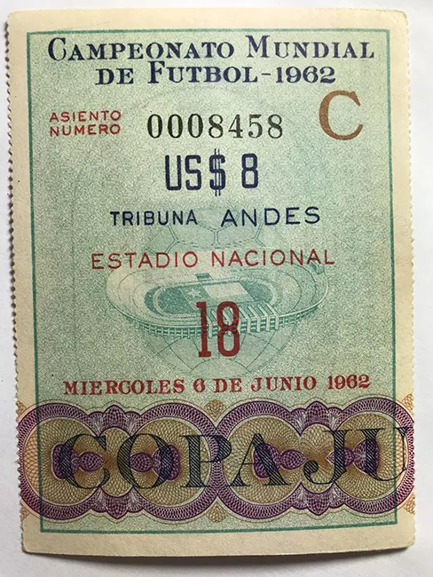 Boleto de ingreso al campeonato mundial de futbol de Chile 1962. 18, miércoles 6 de junio. 