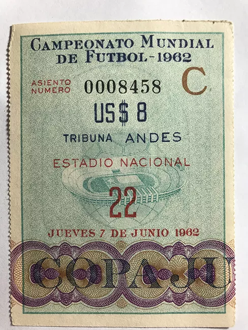  Boleto de ingreso al campeonato mundial de futbol de Chile 1962. 22, juves 7 de junio. 
