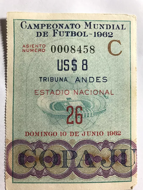  Boleto de ingreso al campeonato mundial de futbol de Chile 1962. 26, domingo 10 de junio. 
