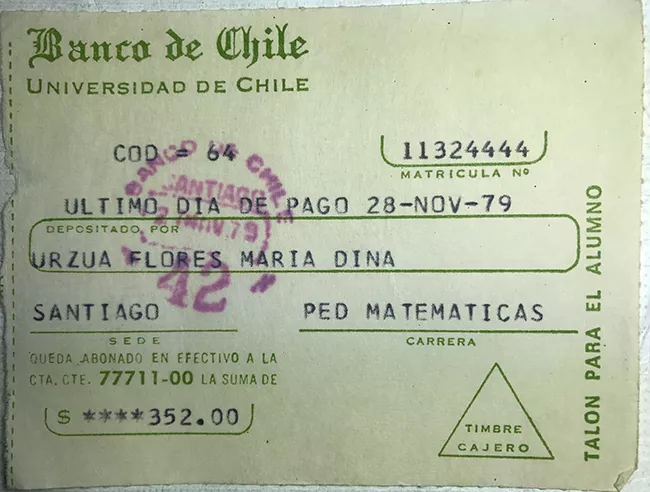 Comprobante de pago de María Urzua Flores. Universidad de Chile. Noviembre 1979