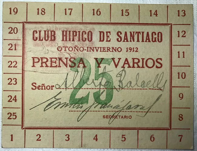 Tarjeta de entrada para prensa y varios del Club Hípico de Santiago.