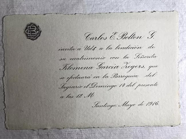 Parte de Matrimonio Carlos Bolton y Filomena Garcia Zegers