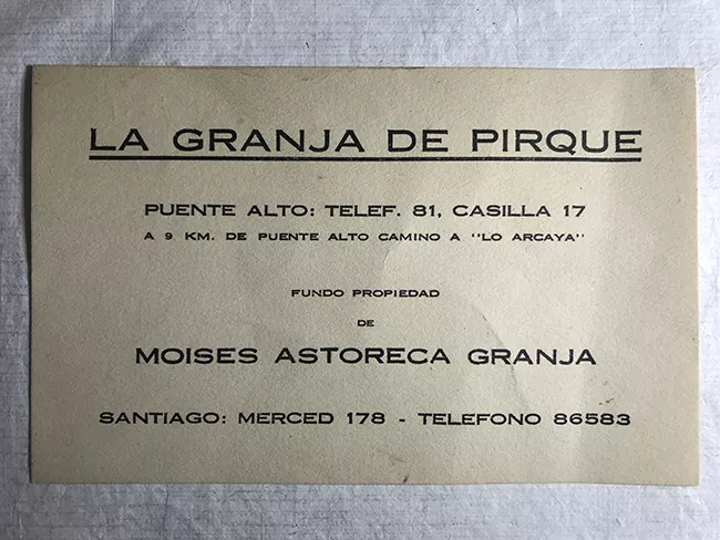 Publicidad de La Granja de Pirque, Fundo Propiedad de Moises Astoreca Granja