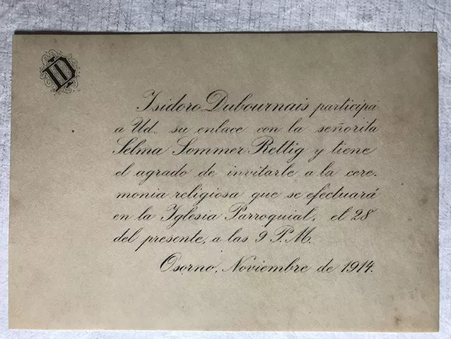 Parte matrimonio de Isidoro Dubormais y Selma Sommer Rettig