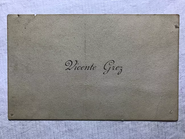 Tarjeta de visita de Vicente Grez con texto sobre María Isabel Valdivieso